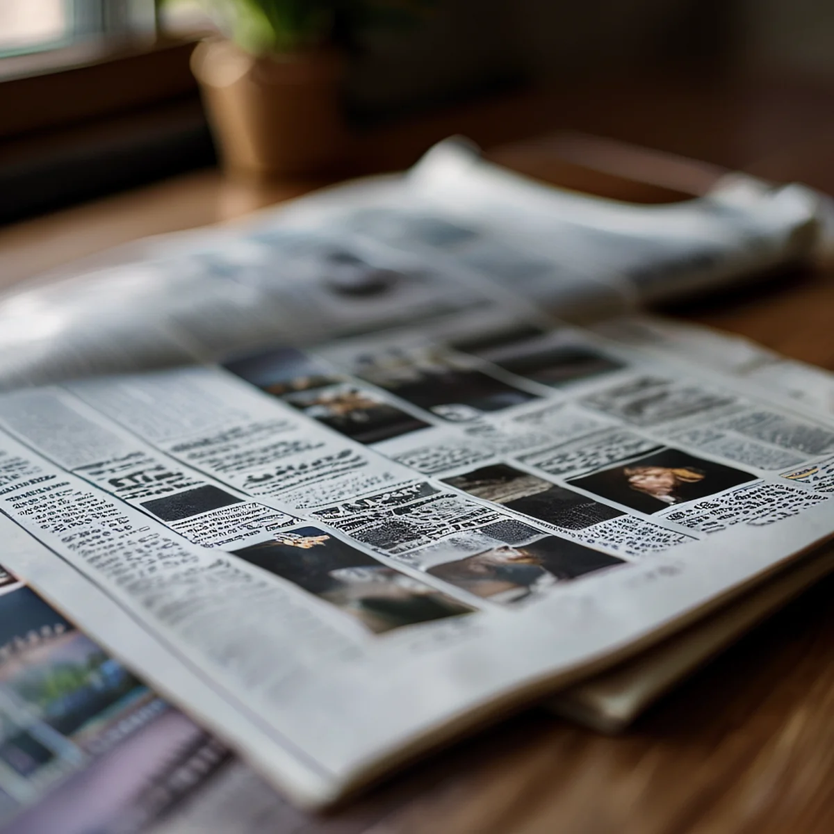 Um jornal britânico está sobre uma mesa de madeira.