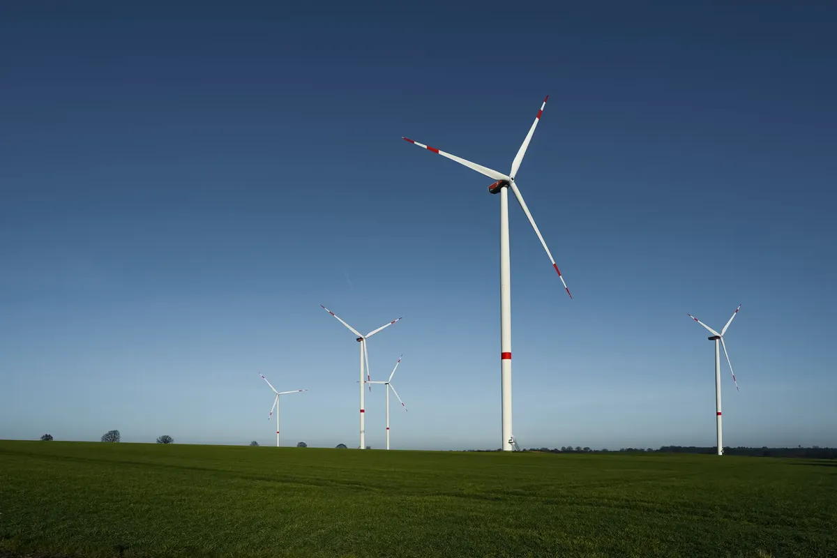 ウェンガルアウ州の緑の畑に風力発電機が設置され、青い空の下に見える。