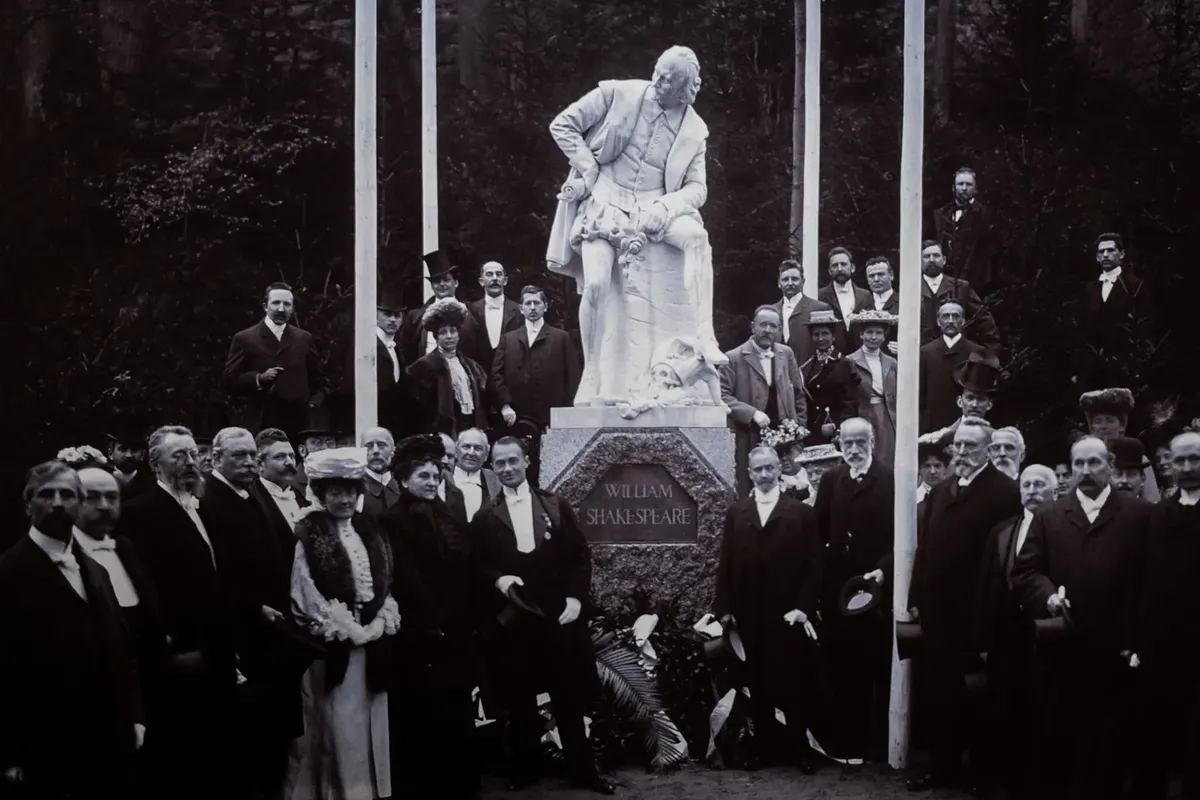 Vintage photo of Shakespeare statue inauguration in Weimar, Germany.