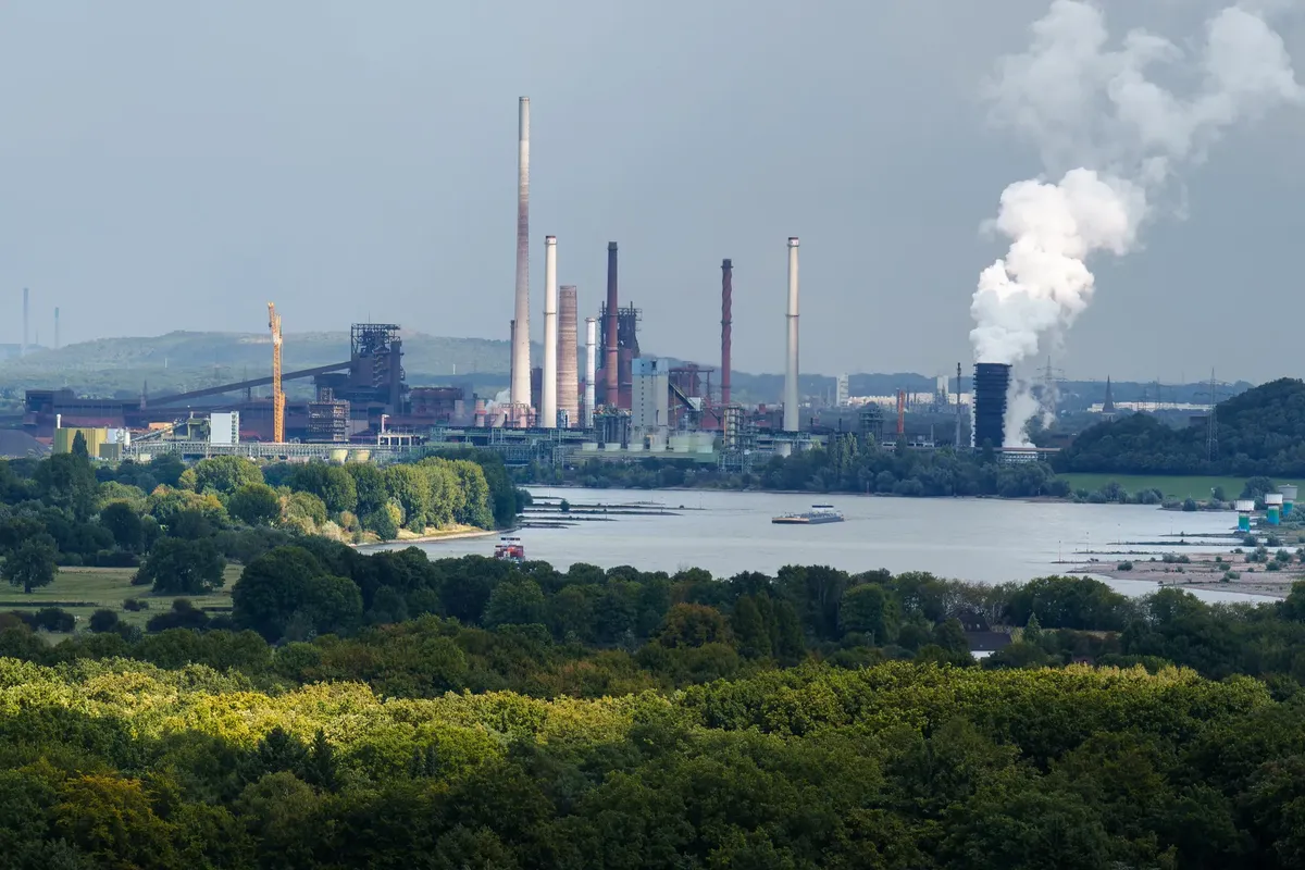 Scenic view of an industrial factory by the Rhine River in Duisburg, Germany.